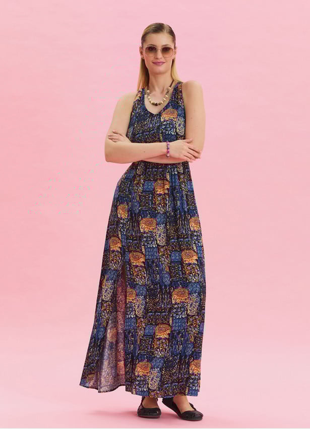 V Neck Slit Blue Casual Dress 4644